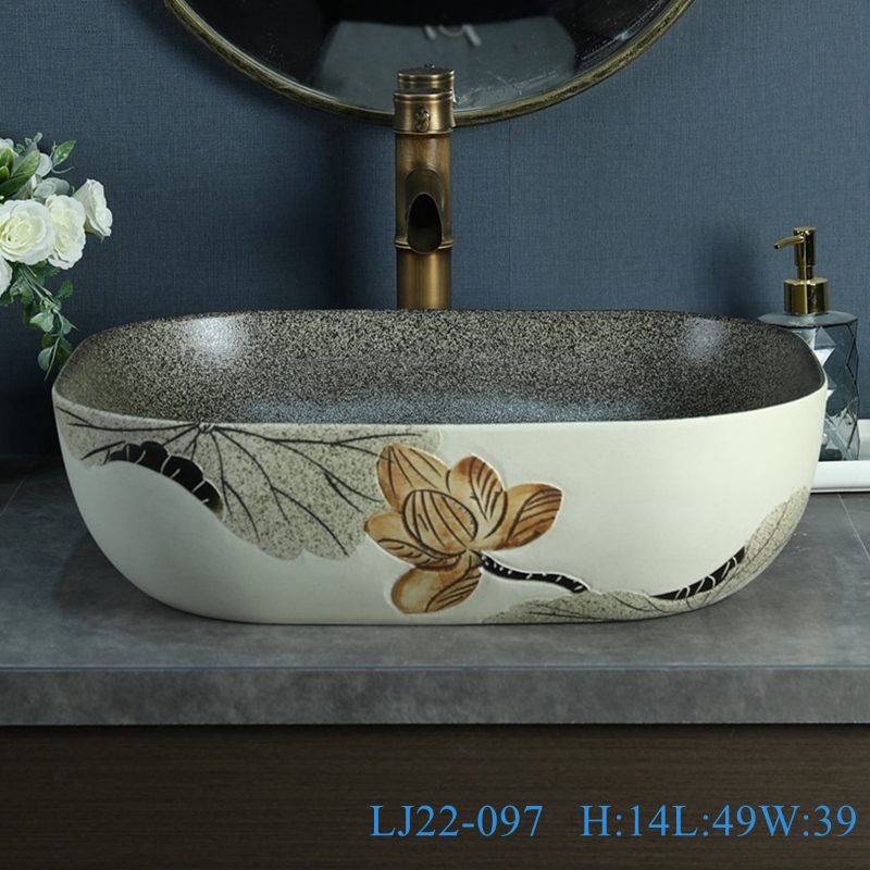 LJ22-097__6W5A5772-SNSIZE LJ22-096/ LJ22-097 Vintage Lotus Pattern Rectangle shape Ceramic Hand wash basin Bathroom sink Counter Top - shengjiang  ceramic  factory   porcelain art hand basin wash sink