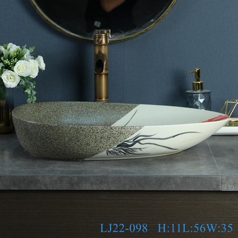 LJ22-098__6W5A5762-SNSIZE LJ22-098/ LJ22-099/LJ22-100 Vintage Lotus Pattern Melon seed basin shape Ceramic Hand wash basin Bathroom sink Counter Top - shengjiang  ceramic  factory   porcelain art hand basin wash sink