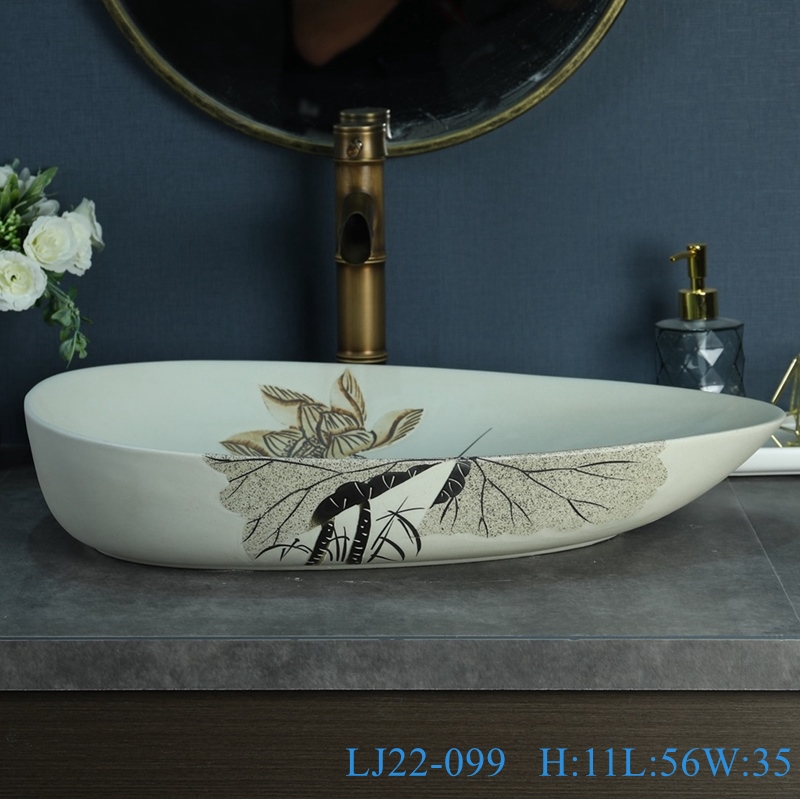 LJ22-099__6W5A5750-SNSIZE LJ22-098/ LJ22-099/LJ22-100 Vintage Lotus Pattern Melon seed basin shape Ceramic Hand wash basin Bathroom sink Counter Top - shengjiang  ceramic  factory   porcelain art hand basin wash sink