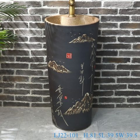 LJ22-101 Hotel Luxury Stone Basin Pedestal Free Standing Vessel Bathroom Black Granite Sink