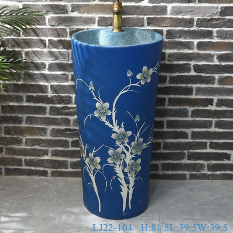LJ22-104  Color glazed Blue Flower Pattern Bathroom Pedestal sink farmhouse Washing standing Vessel