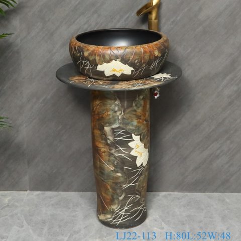 LJ22-113  Jingdezhen Lotus carved floral porcelain outdoor garden wash sink with pedestal