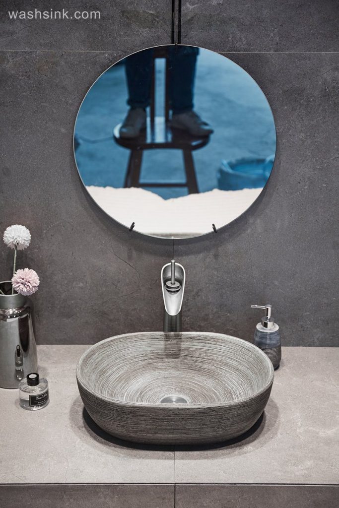 LJ24-002-BQ0A2823-683x1024 LJ24-002  Jingdezhen shengjiang factory Ceramic gray high-grade wax gourd shape bathroom sink    2024 new - shengjiang  ceramic  factory   porcelain art hand basin wash sink