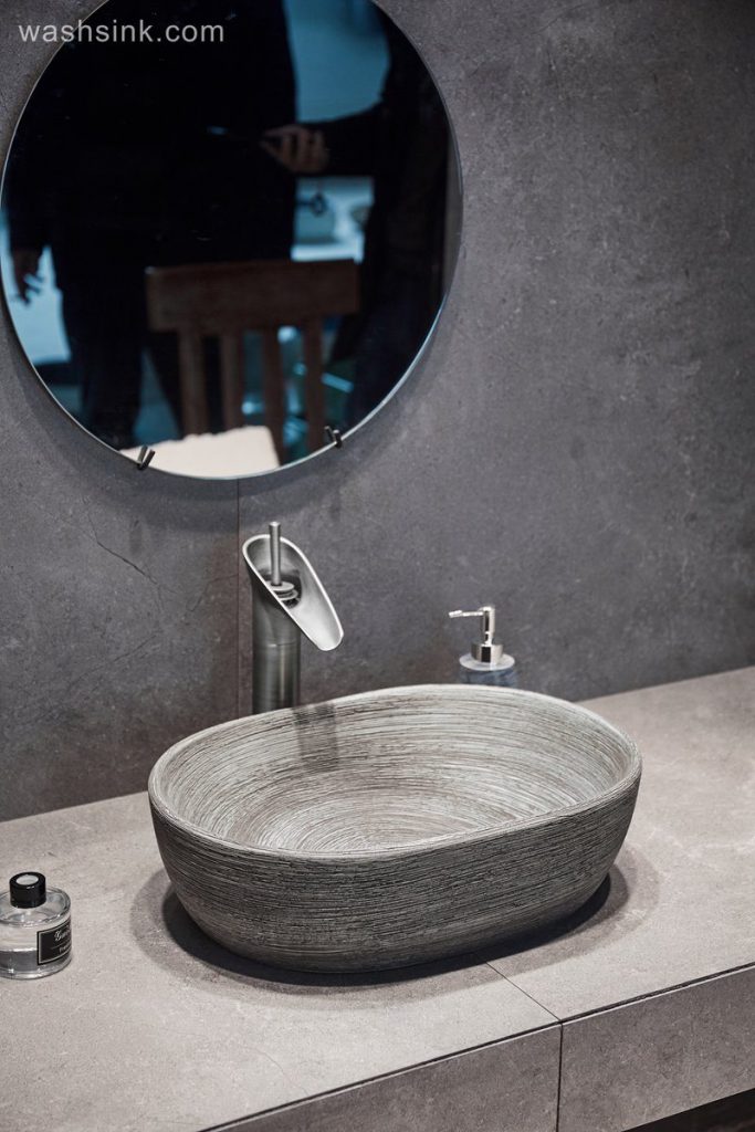 LJ24-002-BQ0A2824-683x1024 LJ24-002  Jingdezhen shengjiang factory Ceramic gray high-grade wax gourd shape bathroom sink    2024 new - shengjiang  ceramic  factory   porcelain art hand basin wash sink