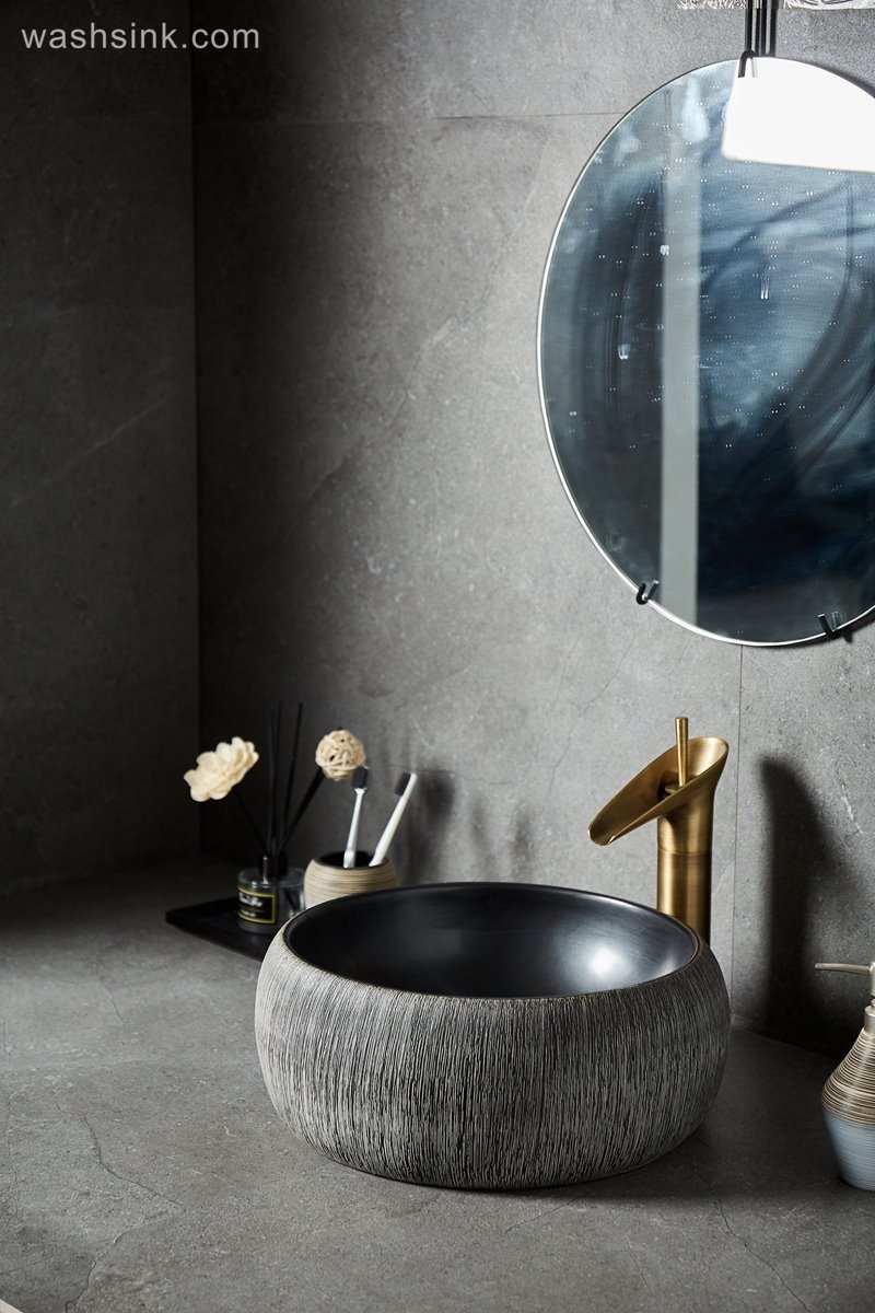 LJ24-009-B-Q0-A8522 LJ24-009  Round drum design grey and black classic ceramic wash basin - shengjiang  ceramic  factory   porcelain art hand basin wash sink