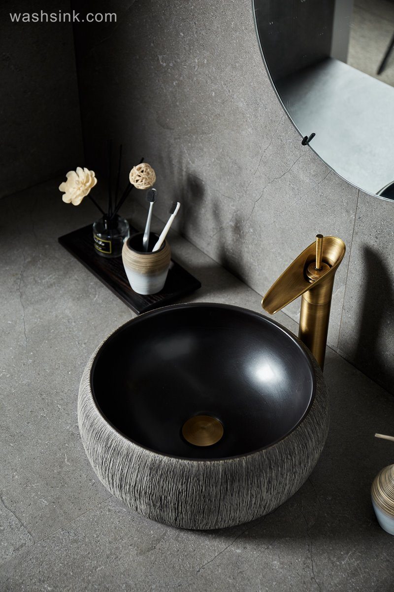 LJ24-009-B-Q0-A8525 LJ24-009  Round drum design grey and black classic ceramic wash basin - shengjiang  ceramic  factory   porcelain art hand basin wash sink