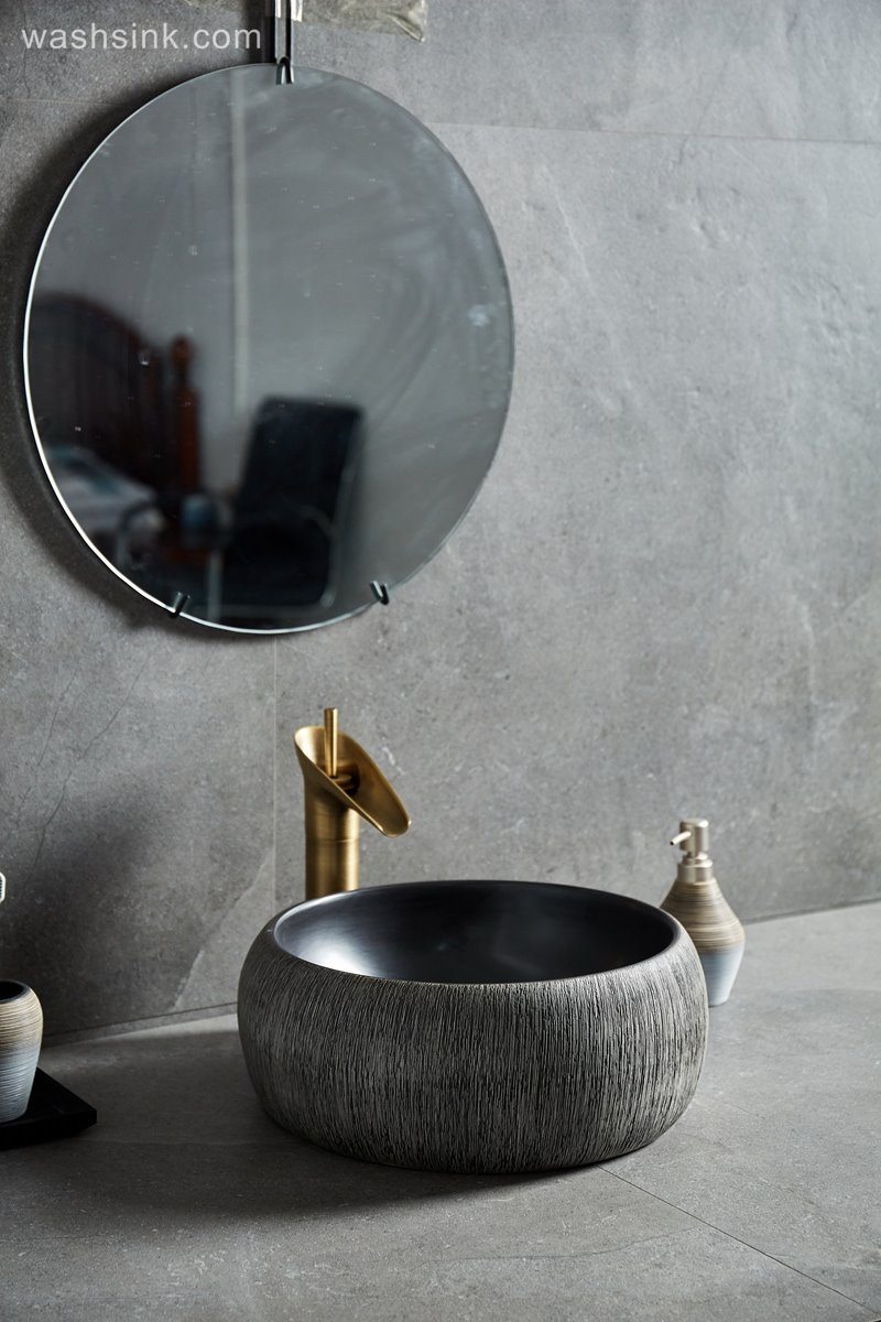 LJ24-009-B-Q0-A8531-1 LJ24-009  Round drum design grey and black classic ceramic wash basin - shengjiang  ceramic  factory   porcelain art hand basin wash sink