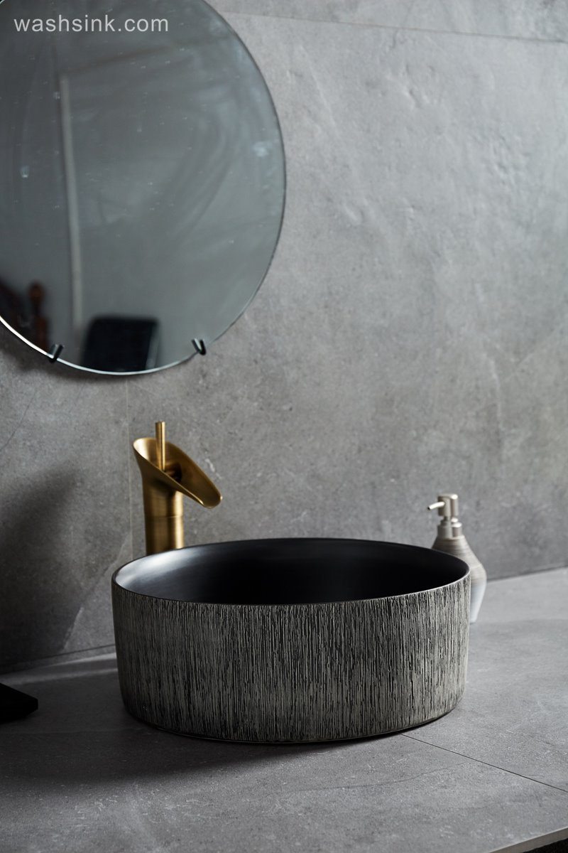 LJ24-012-BQ0A8625 LJ24-0012  Bathroom Sink, Bathroom Ceramic Vessel Sinks gray and black Round Porcelain Vessel Sink - shengjiang  ceramic  factory   porcelain art hand basin wash sink