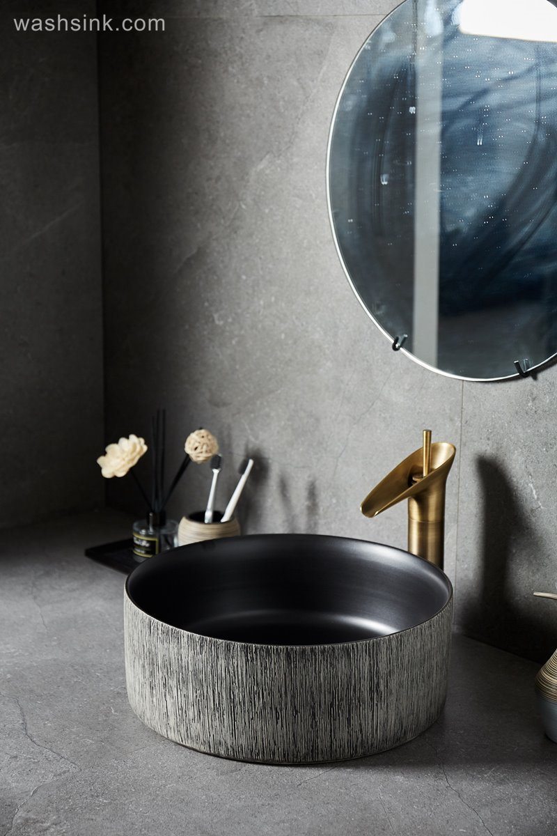 LJ24-012-BQ0A8637 LJ24-0012  Bathroom Sink, Bathroom Ceramic Vessel Sinks gray and black Round Porcelain Vessel Sink - shengjiang  ceramic  factory   porcelain art hand basin wash sink