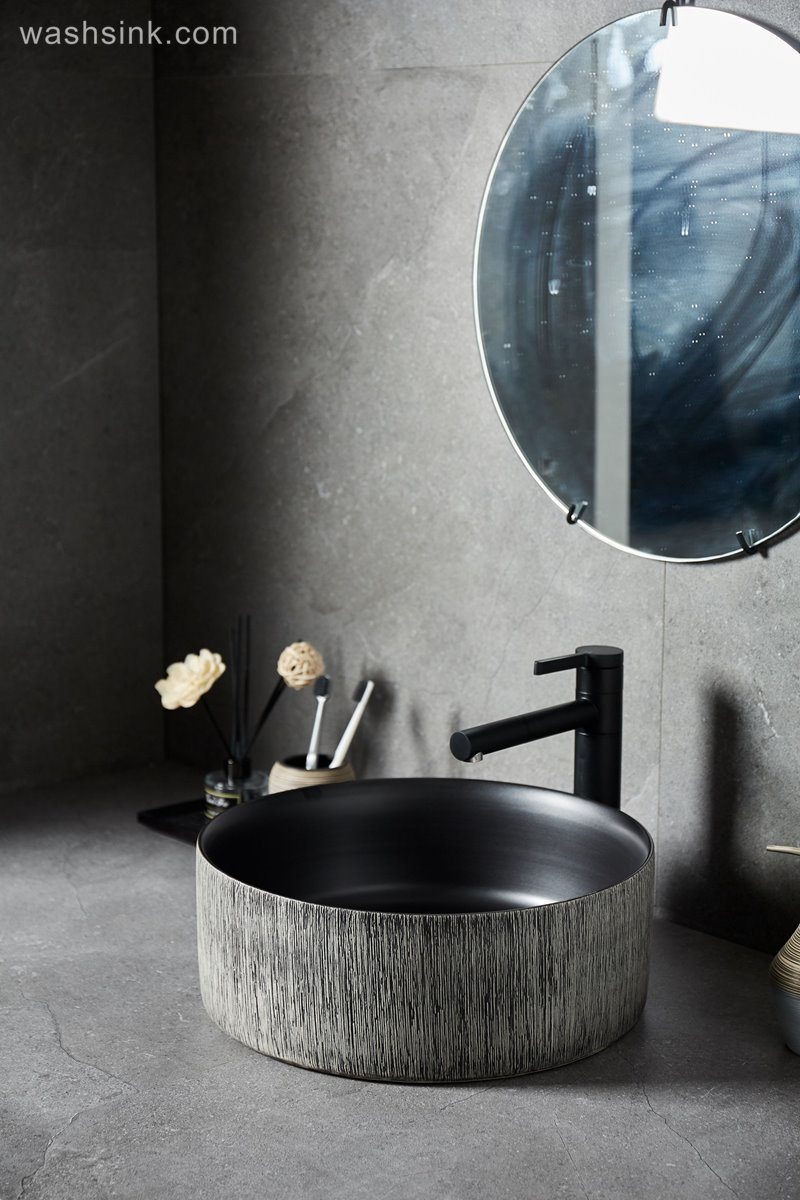 LJ24-012-BQ0A8641-1 LJ24-0012  Bathroom Sink, Bathroom Ceramic Vessel Sinks gray and black Round Porcelain Vessel Sink - shengjiang  ceramic  factory   porcelain art hand basin wash sink