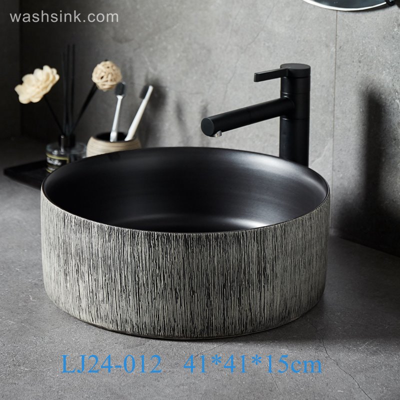 LJ24-012-BQ0A8641 LJ24-0012  Bathroom Sink, Bathroom Ceramic Vessel Sinks gray and black Round Porcelain Vessel Sink - shengjiang  ceramic  factory   porcelain art hand basin wash sink