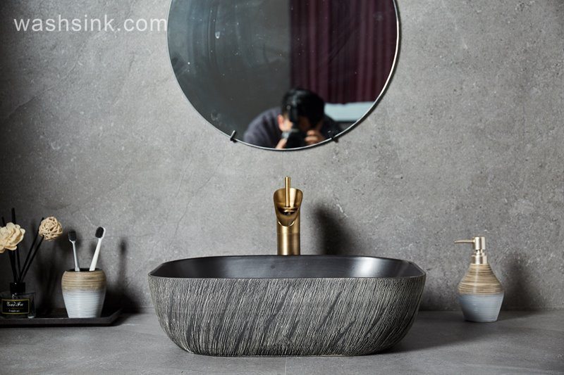 LJ24-014-BQ0A8746-1 LJ24-0014  Modern Porcelain Above Counter Gray and Black Ceramic Bathroom Vessel Sink - shengjiang  ceramic  factory   porcelain art hand basin wash sink