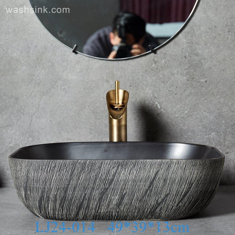 LJ24-014-BQ0A8746 LJ24-0014  Modern Porcelain Above Counter Gray and Black Ceramic Bathroom Vessel Sink - shengjiang  ceramic  factory   porcelain art hand basin wash sink