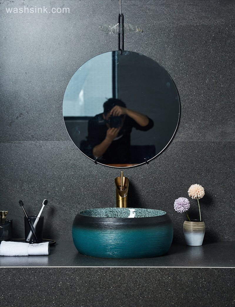 LJ24-022_BQ0A2324 LJ24-0022  Round Shape Bathroom Modern Black and Blue Ceramic Bathroom Lavatory Vanity Vessel Sink Art Basin - shengjiang  ceramic  factory   porcelain art hand basin wash sink