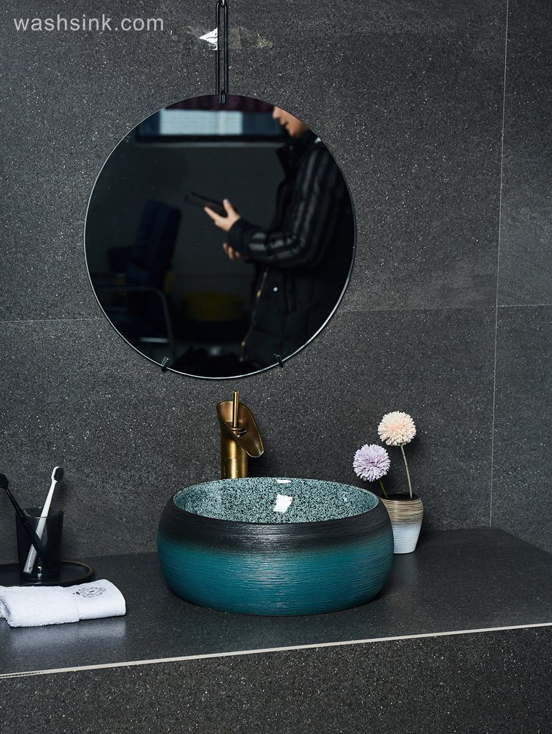 LJ24-022_BQ0A2327 LJ24-0022  Round Shape Bathroom Modern Black and Blue Ceramic Bathroom Lavatory Vanity Vessel Sink Art Basin - shengjiang  ceramic  factory   porcelain art hand basin wash sink