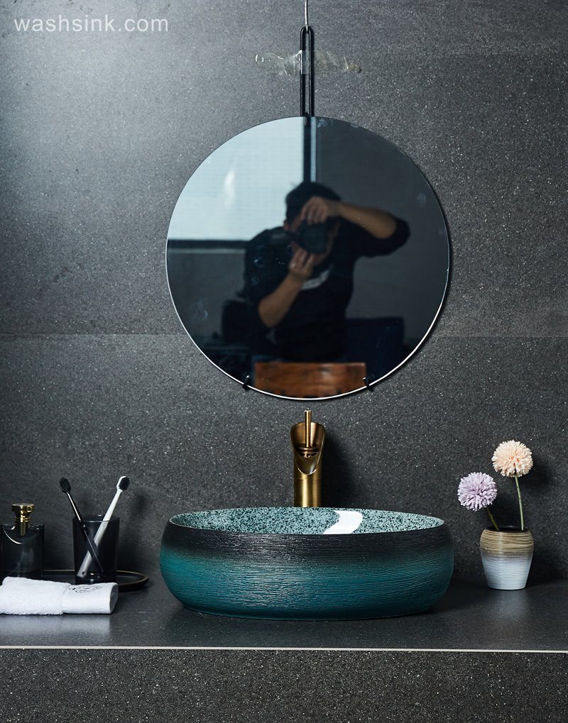 LJ24-025-BQ0A2370 LJ24-0025  Vanity Bathroom Retro Industry Art Above Counter Basin Oval Ceramic Wash Basin Marble Washbasin - shengjiang  ceramic  factory   porcelain art hand basin wash sink