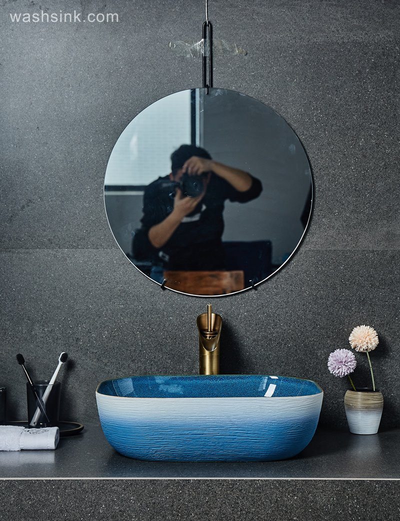 LJ24-028-BQ0A2426 LJ24-0028 Thin edge rectangle blue and white pool shopping mall home bathroom decoration with washbasin - shengjiang  ceramic  factory   porcelain art hand basin wash sink