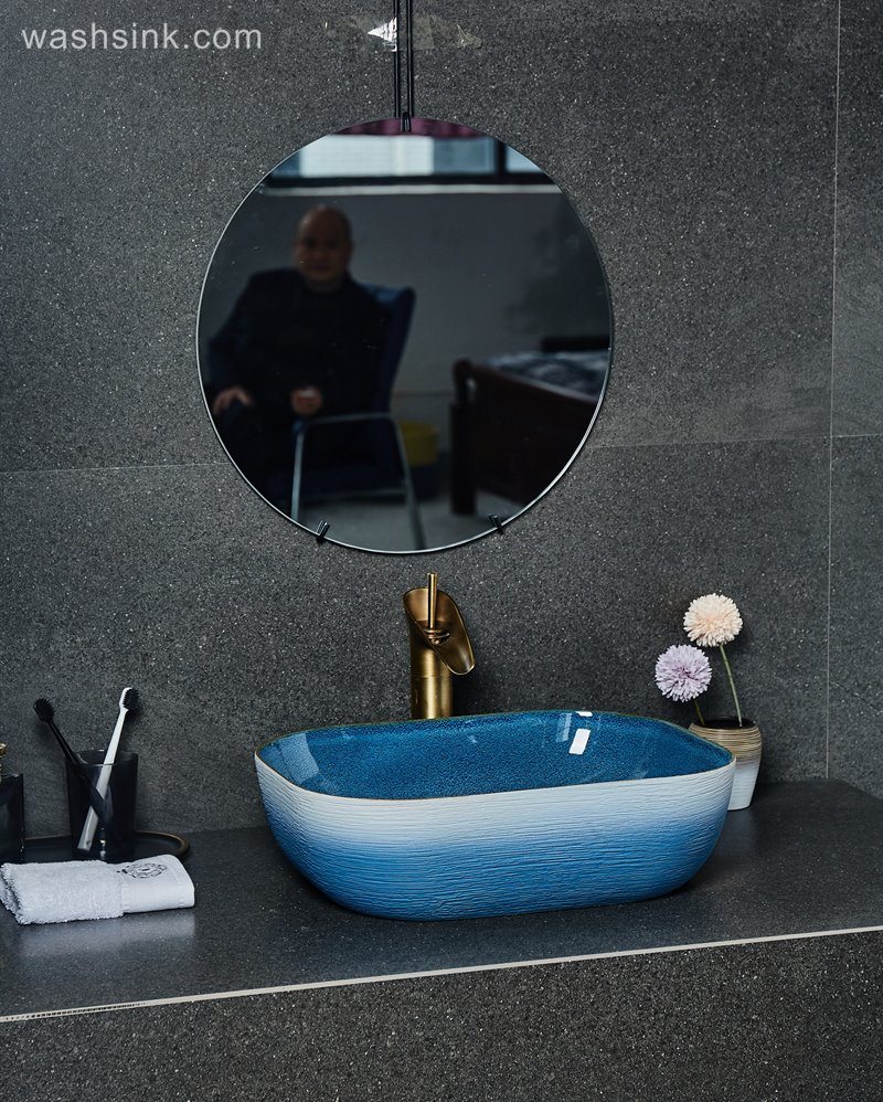 LJ24-028-BQ0A2431 LJ24-0028 Thin edge rectangle blue and white pool shopping mall home bathroom decoration with washbasin - shengjiang  ceramic  factory   porcelain art hand basin wash sink