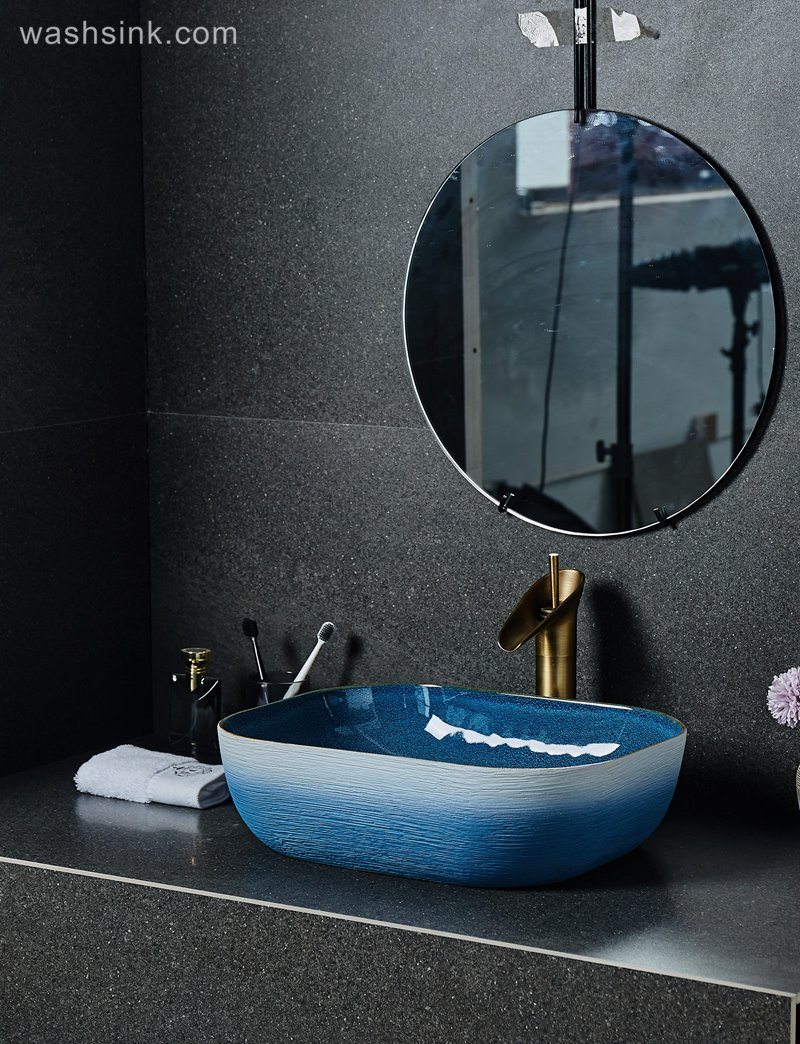 LJ24-028-BQ0A2433-1 LJ24-0028 Thin edge rectangle blue and white pool shopping mall home bathroom decoration with washbasin - shengjiang  ceramic  factory   porcelain art hand basin wash sink