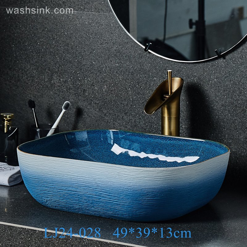 LJ24-028-BQ0A2433 LJ24-0028 Thin edge rectangle blue and white pool shopping mall home bathroom decoration with washbasin - shengjiang  ceramic  factory   porcelain art hand basin wash sink