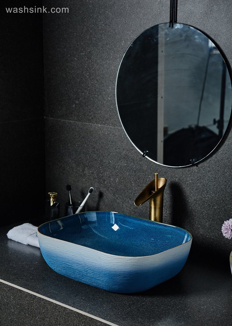 LJ24-028-BQ0A2435 LJ24-0028 Thin edge rectangle blue and white pool shopping mall home bathroom decoration with washbasin - shengjiang  ceramic  factory   porcelain art hand basin wash sink