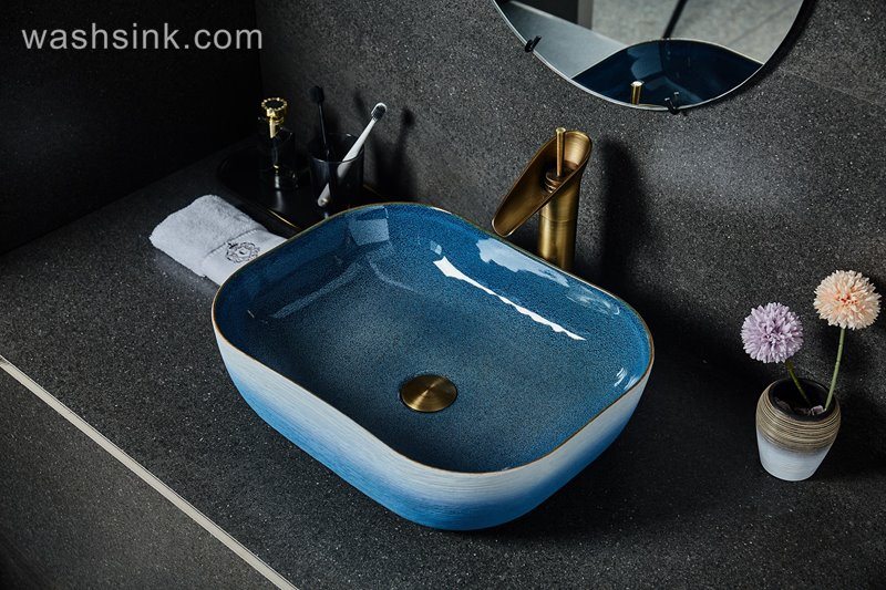 LJ24-028-BQ0A2436 LJ24-0028 Thin edge rectangle blue and white pool shopping mall home bathroom decoration with washbasin - shengjiang  ceramic  factory   porcelain art hand basin wash sink