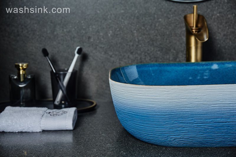 LJ24-028-BQ0A2439 LJ24-0028 Thin edge rectangle blue and white pool shopping mall home bathroom decoration with washbasin - shengjiang  ceramic  factory   porcelain art hand basin wash sink