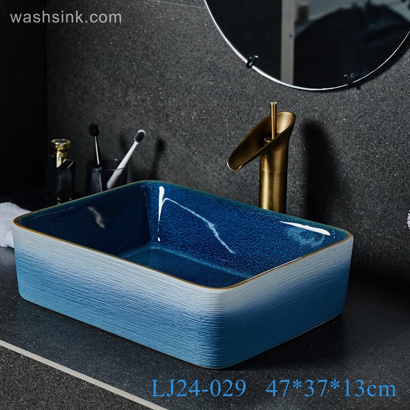 LJ24-029-BQ0A2463 LJ24-0029  Rectangular blue and white with home decor bathroom sink - shengjiang  ceramic  factory   porcelain art hand basin wash sink