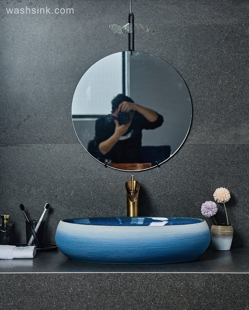 LJ24-032-BQ0A2496 LJ24-0032 Bathroom Countertop Decoration Art Basin Ceramic Vessel Blue-white gradient Sink  Round Sink Bow - shengjiang  ceramic  factory   porcelain art hand basin wash sink