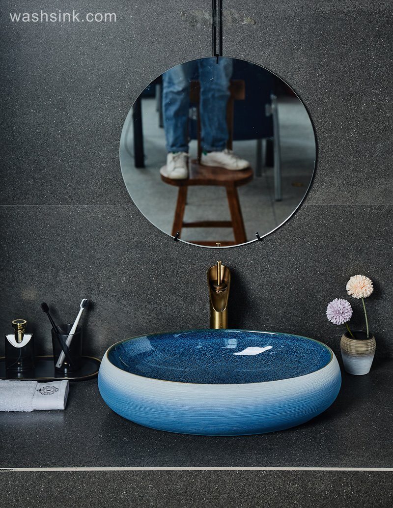 LJ24-032-BQ0A2498 LJ24-0032 Bathroom Countertop Decoration Art Basin Ceramic Vessel Blue-white gradient Sink  Round Sink Bow - shengjiang  ceramic  factory   porcelain art hand basin wash sink