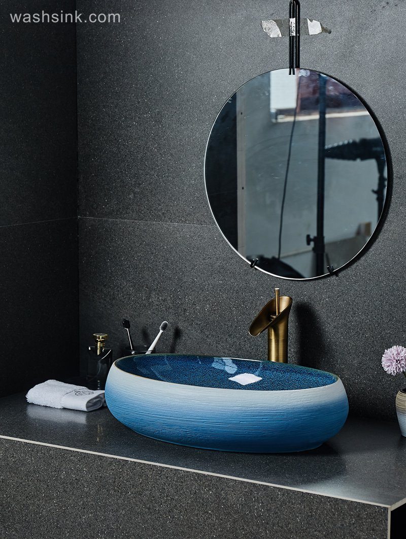 LJ24-032-BQ0A2501 LJ24-0032 Bathroom Countertop Decoration Art Basin Ceramic Vessel Blue-white gradient Sink  Round Sink Bow - shengjiang  ceramic  factory   porcelain art hand basin wash sink