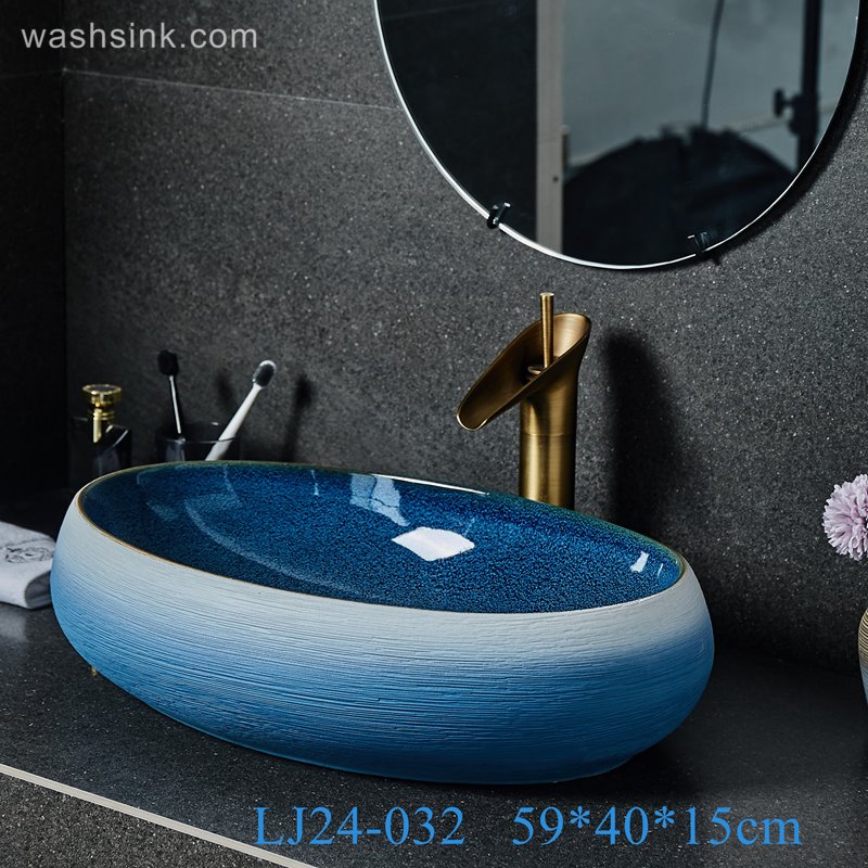 LJ24-032-BQ0A2503 LJ24-0032 Bathroom Countertop Decoration Art Basin Ceramic Vessel Blue-white gradient Sink  Round Sink Bow - shengjiang  ceramic  factory   porcelain art hand basin wash sink