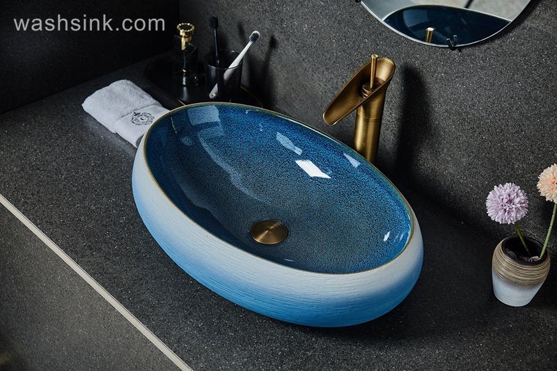 LJ24-032-BQ0A2504 LJ24-0032 Bathroom Countertop Decoration Art Basin Ceramic Vessel Blue-white gradient Sink  Round Sink Bow - shengjiang  ceramic  factory   porcelain art hand basin wash sink