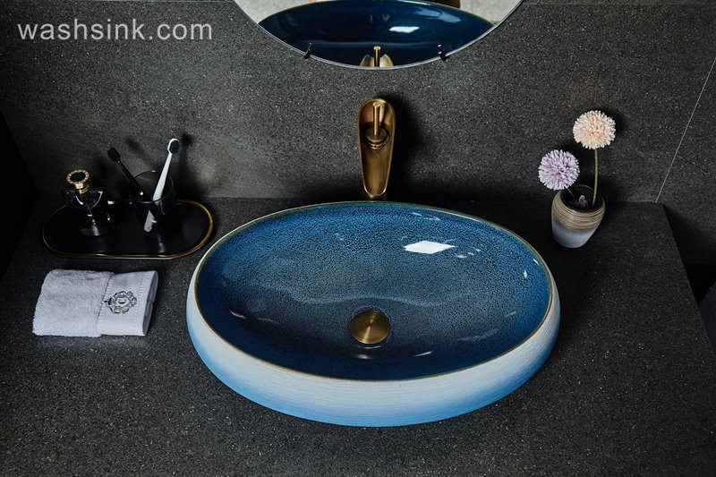 LJ24-032-BQ0A2505 LJ24-0032 Bathroom Countertop Decoration Art Basin Ceramic Vessel Blue-white gradient Sink  Round Sink Bow - shengjiang  ceramic  factory   porcelain art hand basin wash sink