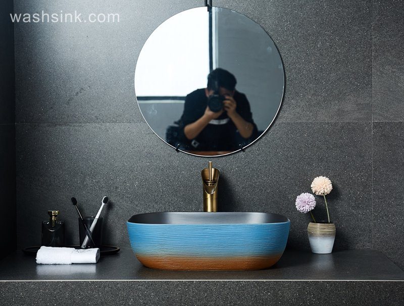 LJ24-034-BQ0A2524 LJ24-0034  Thin rectangular blue and white ceramic washbasin inner wall classic black - shengjiang  ceramic  factory   porcelain art hand basin wash sink