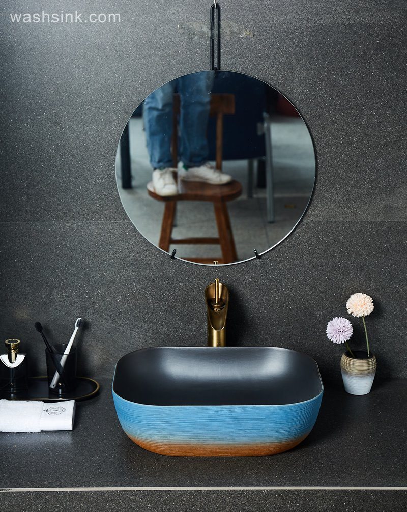 LJ24-034-BQ0A2525 LJ24-0034  Thin rectangular blue and white ceramic washbasin inner wall classic black - shengjiang  ceramic  factory   porcelain art hand basin wash sink