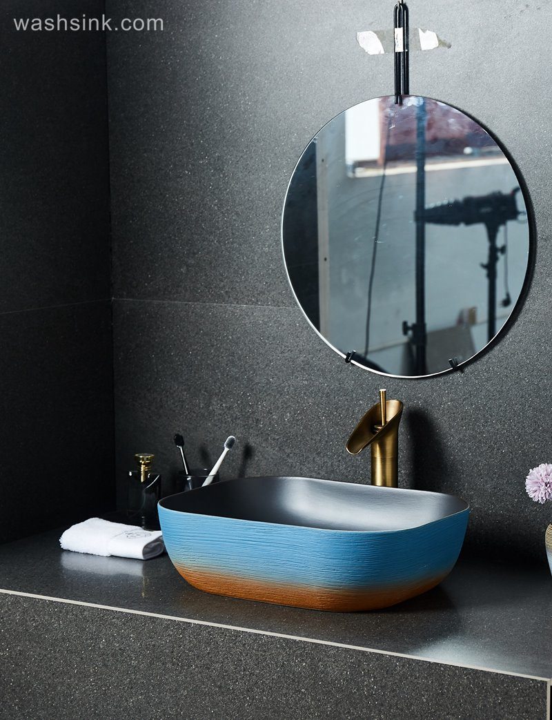 LJ24-034-BQ0A2528-1 LJ24-0034  Thin rectangular blue and white ceramic washbasin inner wall classic black - shengjiang  ceramic  factory   porcelain art hand basin wash sink