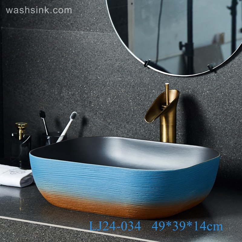 LJ24-034-BQ0A2528 LJ24-0034  Thin rectangular blue and white ceramic washbasin inner wall classic black - shengjiang  ceramic  factory   porcelain art hand basin wash sink