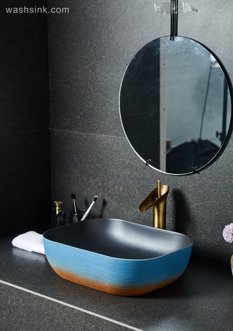 LJ24-034-BQ0A2530 LJ24-0034  Thin rectangular blue and white ceramic washbasin inner wall classic black - shengjiang  ceramic  factory   porcelain art hand basin wash sink