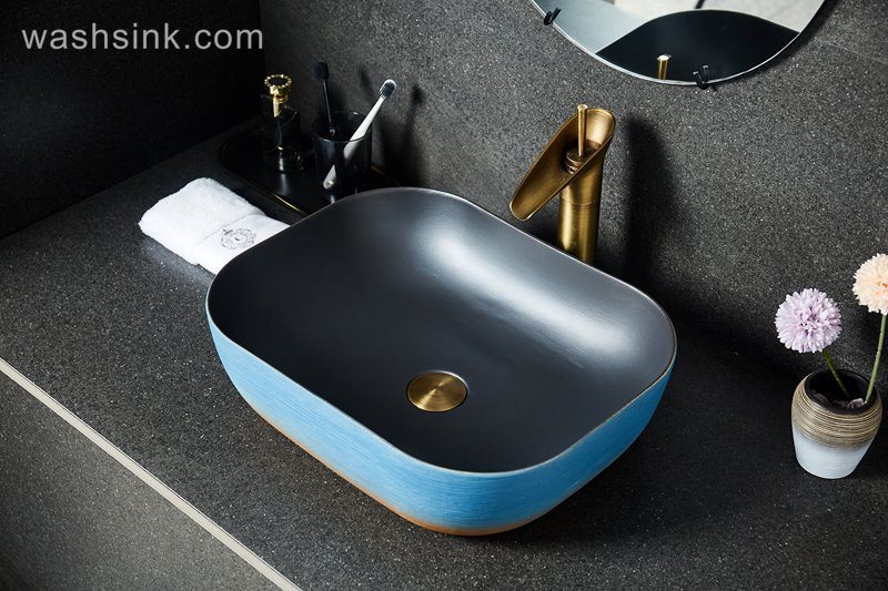 LJ24-034-BQ0A2531 LJ24-0034  Thin rectangular blue and white ceramic washbasin inner wall classic black - shengjiang  ceramic  factory   porcelain art hand basin wash sink