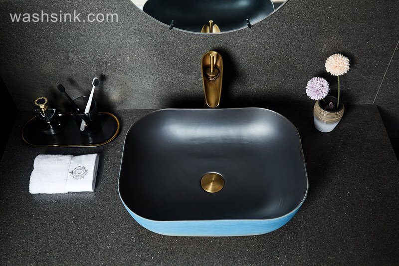 LJ24-034-BQ0A2532 LJ24-0034  Thin rectangular blue and white ceramic washbasin inner wall classic black - shengjiang  ceramic  factory   porcelain art hand basin wash sink