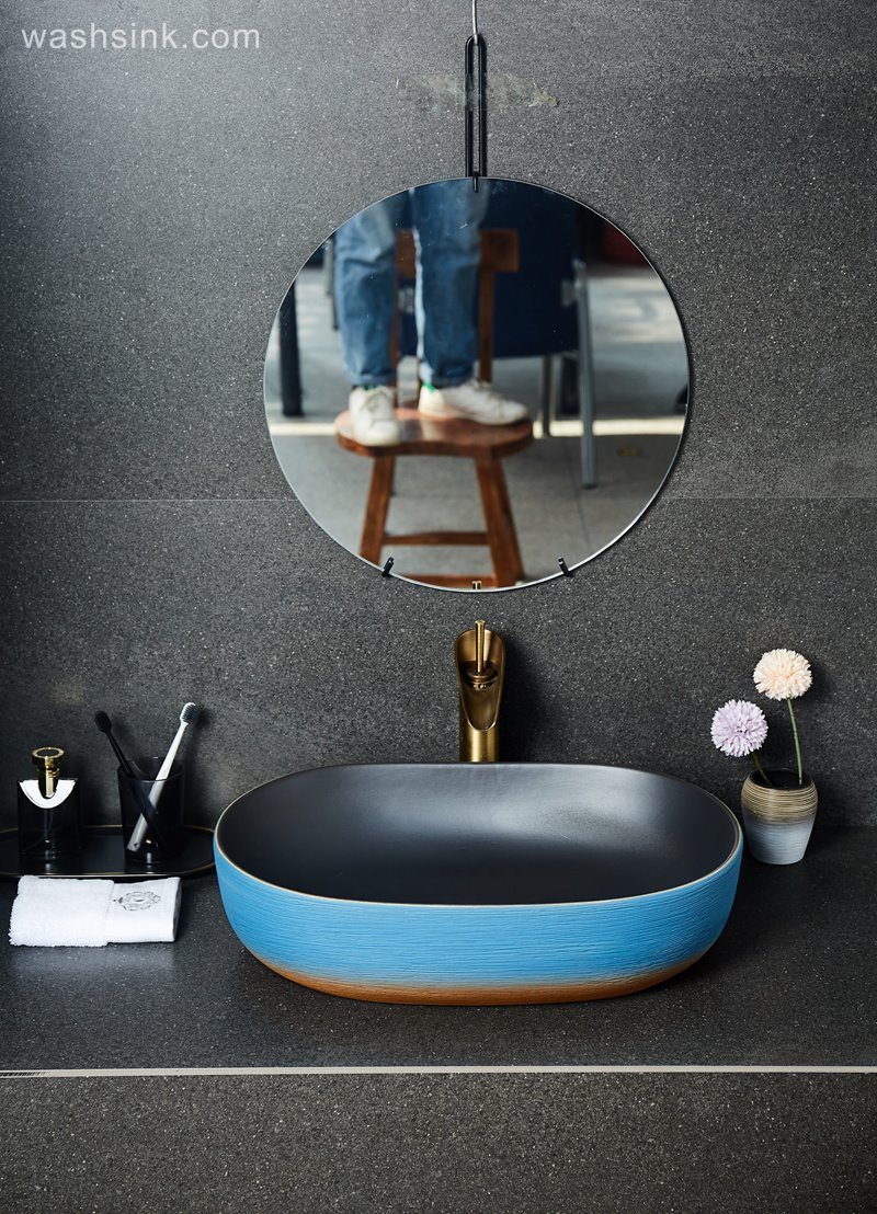 LJ24-035-BQ0A2551 LJ24-0035  Blue and orange contrast color square shape simple modern style home bathroom ceramic sink - shengjiang  ceramic  factory   porcelain art hand basin wash sink