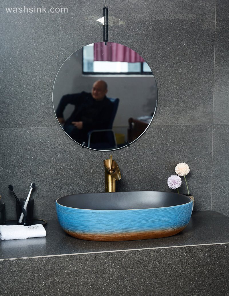 LJ24-035-BQ0A2552 LJ24-0035  Blue and orange contrast color square shape simple modern style home bathroom ceramic sink - shengjiang  ceramic  factory   porcelain art hand basin wash sink