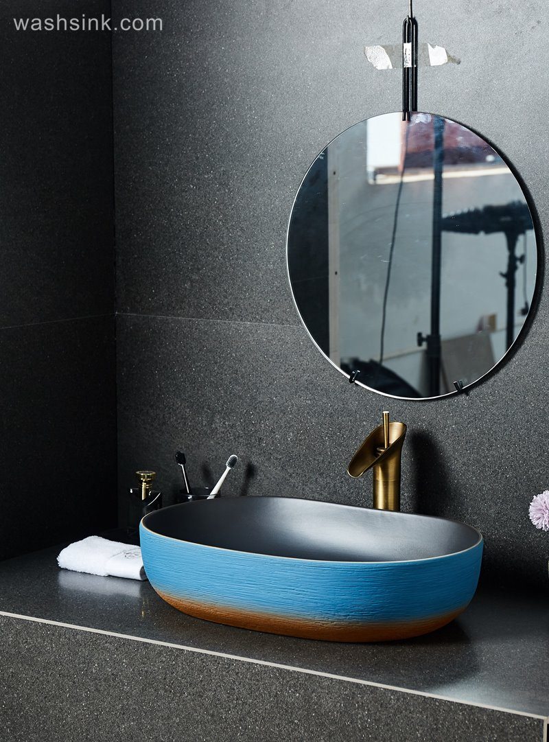 LJ24-035-BQ0A2554 LJ24-0035  Blue and orange contrast color square shape simple modern style home bathroom ceramic sink - shengjiang  ceramic  factory   porcelain art hand basin wash sink