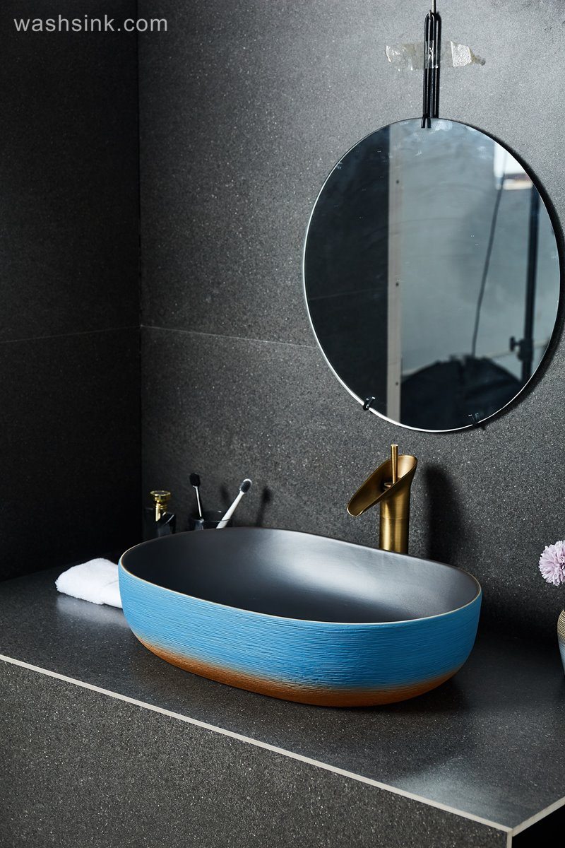 LJ24-035-BQ0A2556-1 LJ24-0035  Blue and orange contrast color square shape simple modern style home bathroom ceramic sink - shengjiang  ceramic  factory   porcelain art hand basin wash sink