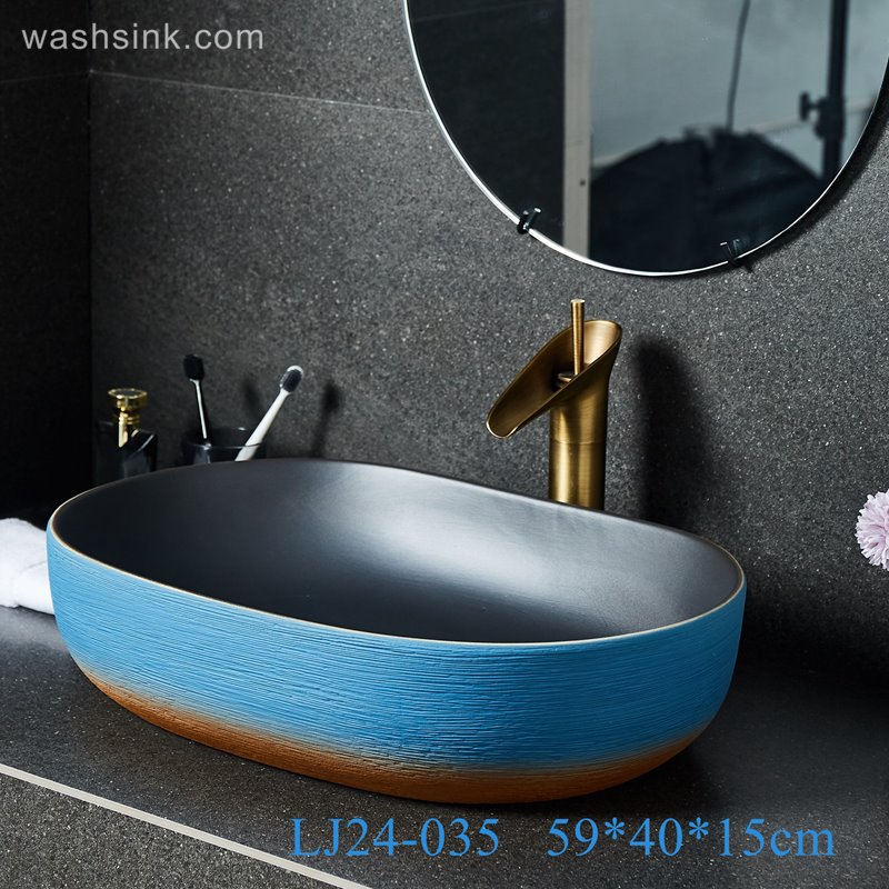LJ24-035-BQ0A2556 LJ24-0035  Blue and orange contrast color square shape simple modern style home bathroom ceramic sink - shengjiang  ceramic  factory   porcelain art hand basin wash sink