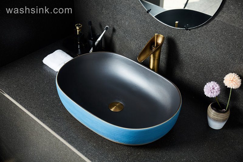 LJ24-035-BQ0A2557 LJ24-0035  Blue and orange contrast color square shape simple modern style home bathroom ceramic sink - shengjiang  ceramic  factory   porcelain art hand basin wash sink
