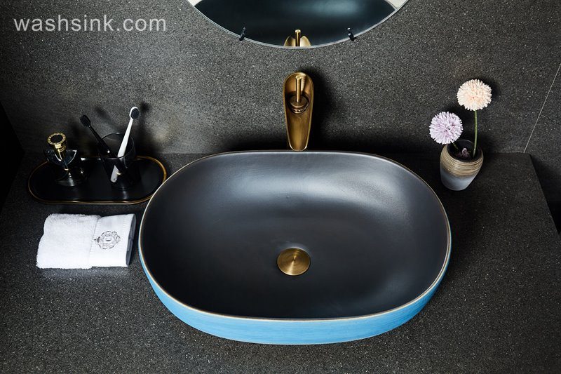 LJ24-035-BQ0A2558 LJ24-0035  Blue and orange contrast color square shape simple modern style home bathroom ceramic sink - shengjiang  ceramic  factory   porcelain art hand basin wash sink