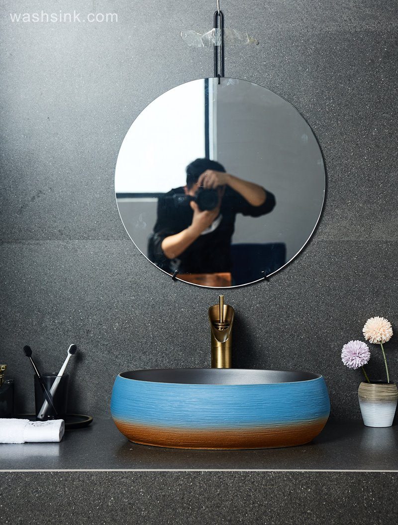 LJ24-036-BQ0A2575 LJ24-0036  Small and delicate goose egg shape orange blue with black inner wall bathroom sink - shengjiang  ceramic  factory   porcelain art hand basin wash sink