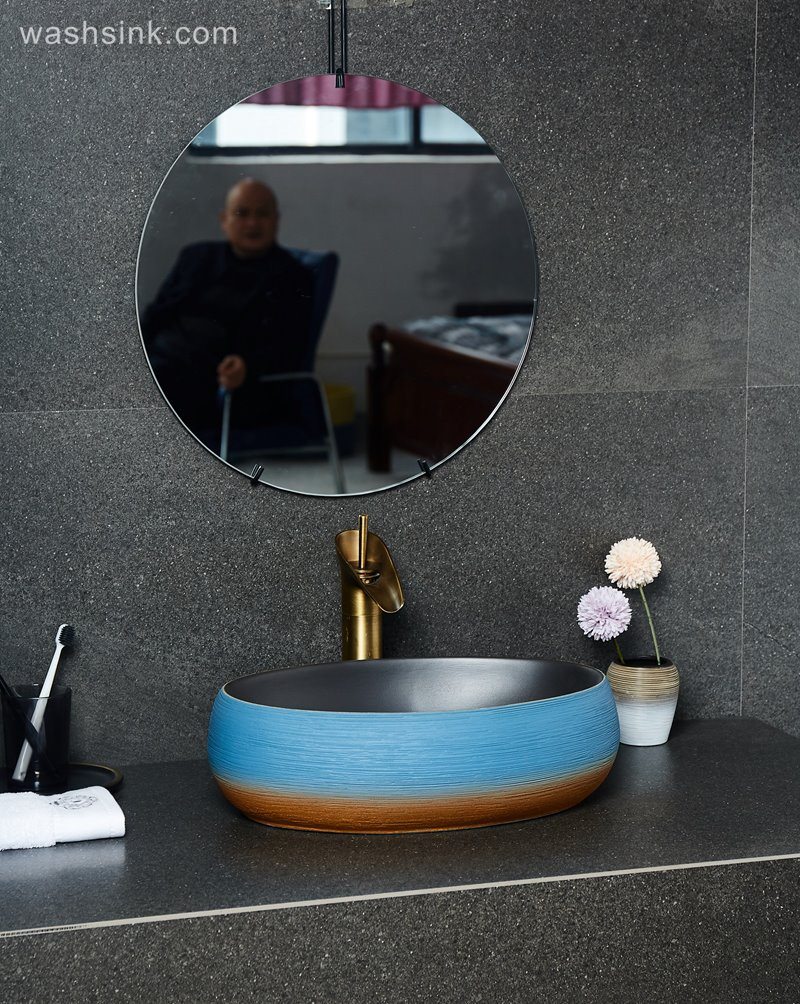 LJ24-036-BQ0A2578 LJ24-0036  Small and delicate goose egg shape orange blue with black inner wall bathroom sink - shengjiang  ceramic  factory   porcelain art hand basin wash sink